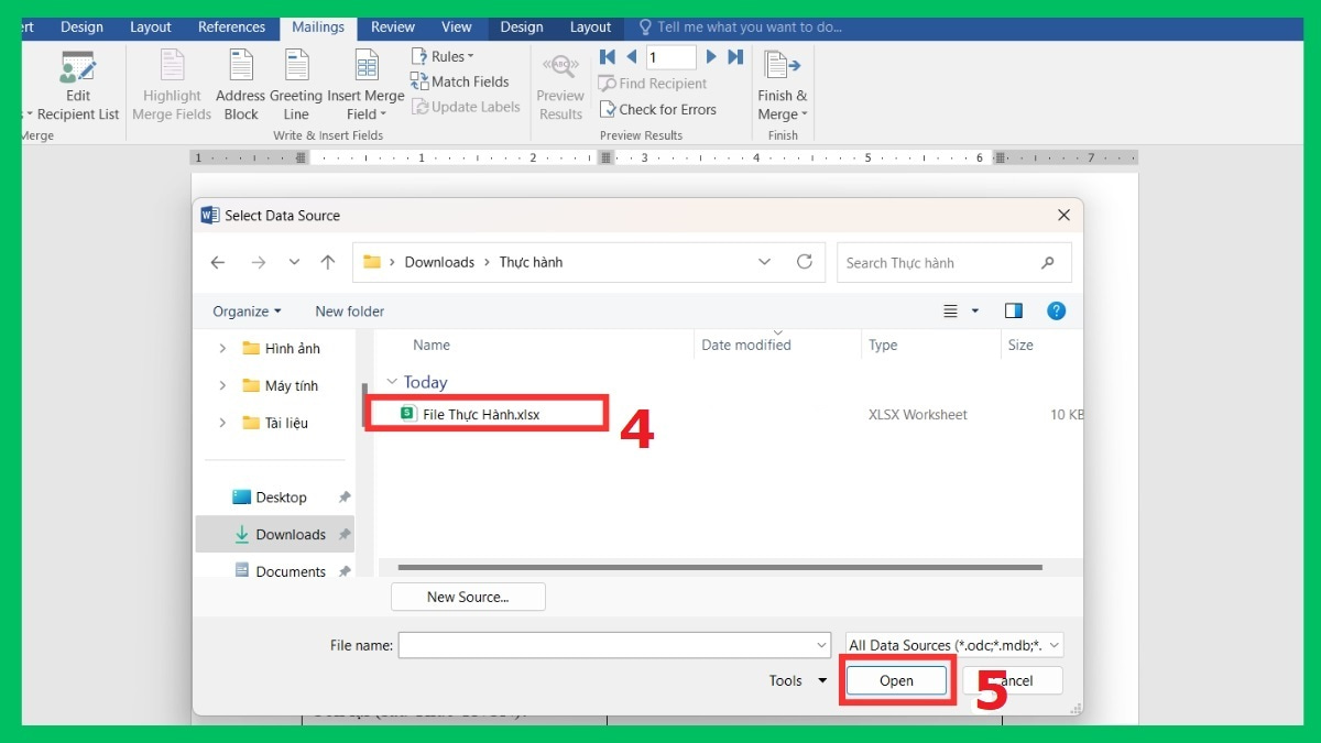 Cách trộn dữ liệu từ Excel sang Word bước 2 tiếp theo