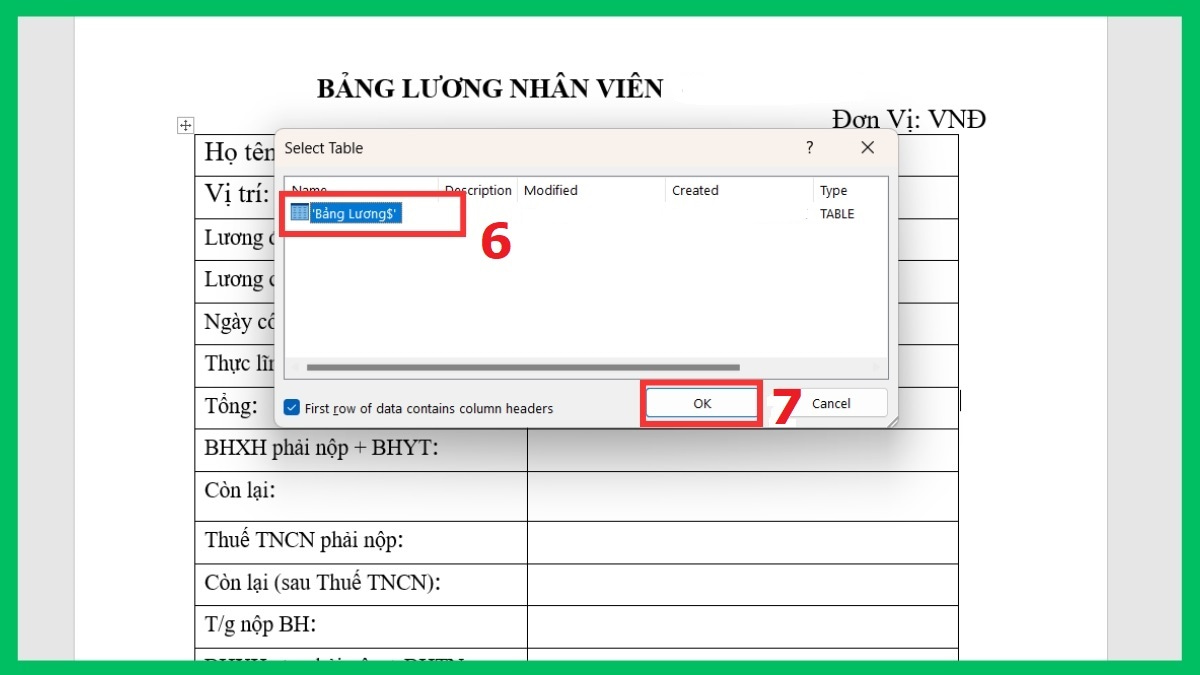 Cách trộn dữ liệu từ Excel sang Word bước 2+