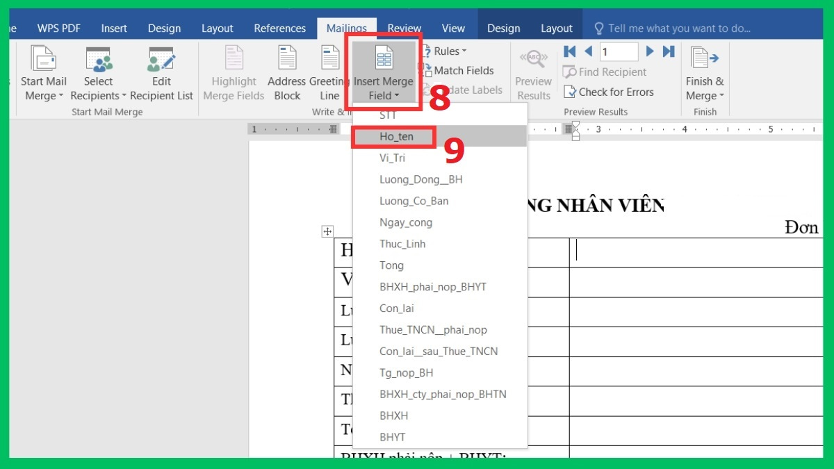 Cách trộn dữ liệu từ Excel sang Word bước 3