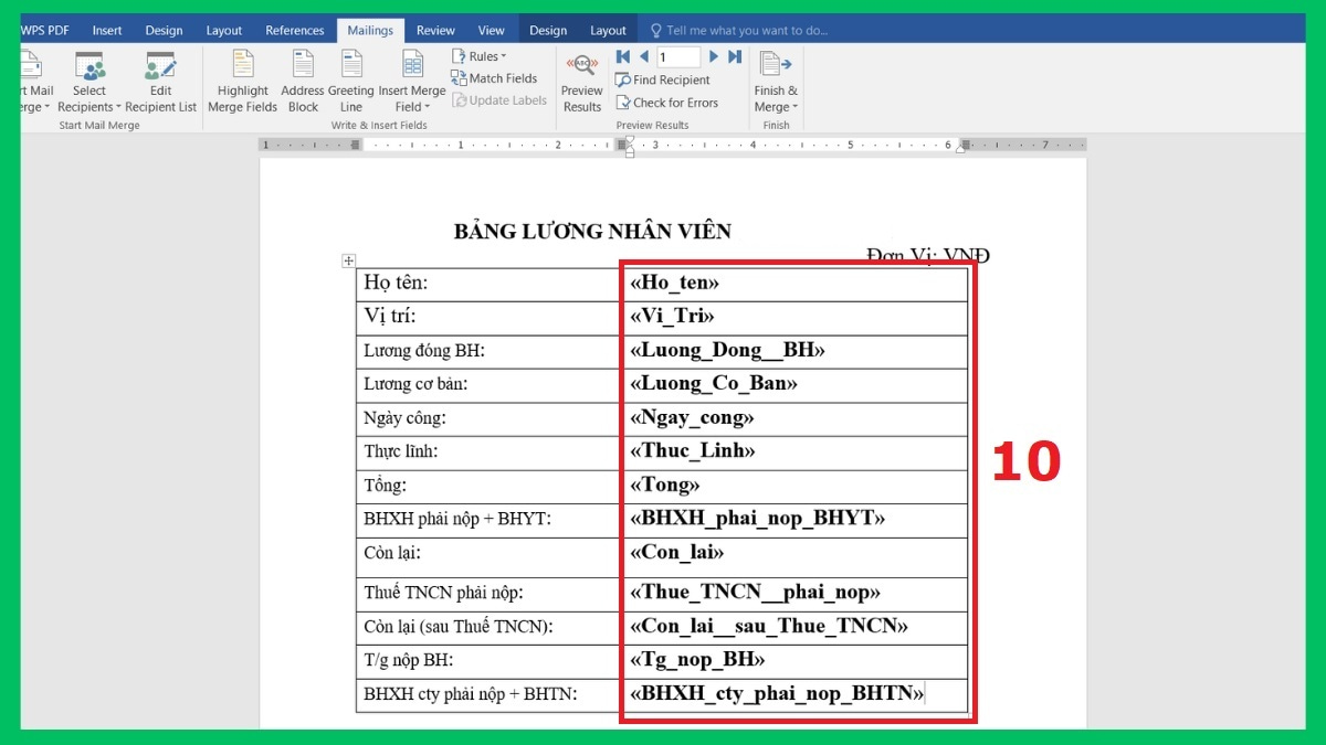 Cách trộn dữ liệu từ Excel sang Word bước 3 tiếp theo