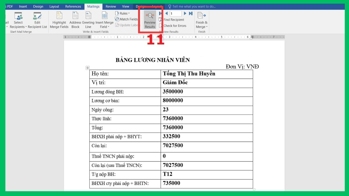 Cách trộn dữ liệu từ Excel sang Word bước 4