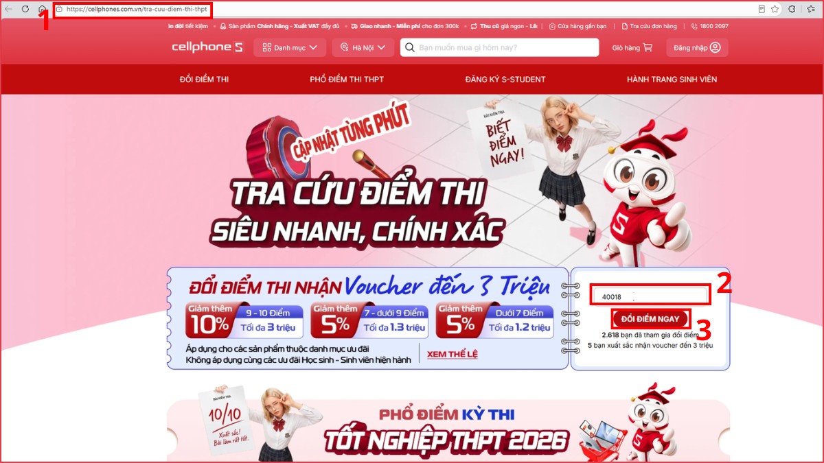 Tra cứu đổi điểm thi tại CellphoneS bước 2