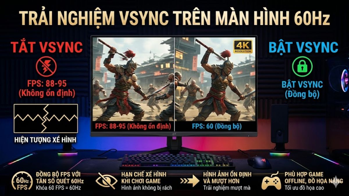 Trải nghiệm khi bật VSync trên màn hình 60Hz