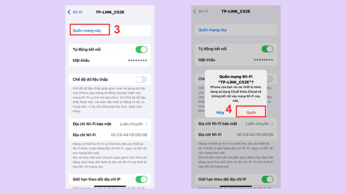 Quên WiFi và thực hiện kết nối lại bước 2