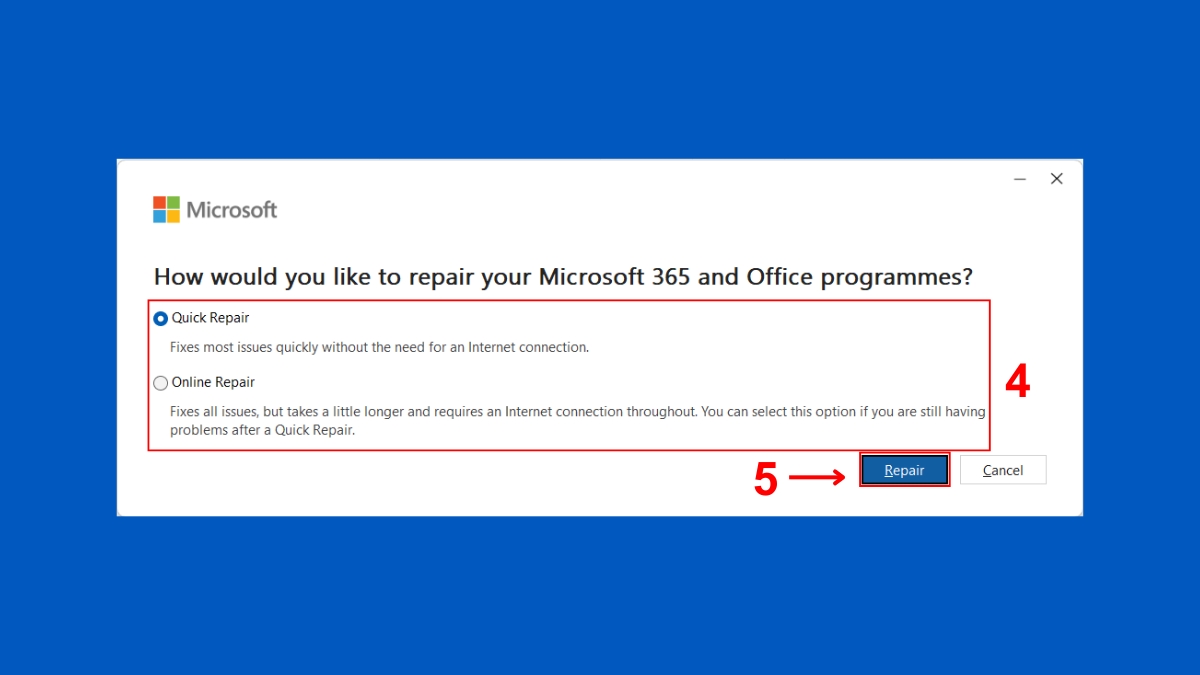 sửa lỗi Word Is Waiting For An Ole Action To Finish bằng kiểm tra và sửa chữa cài đặt office bước 3