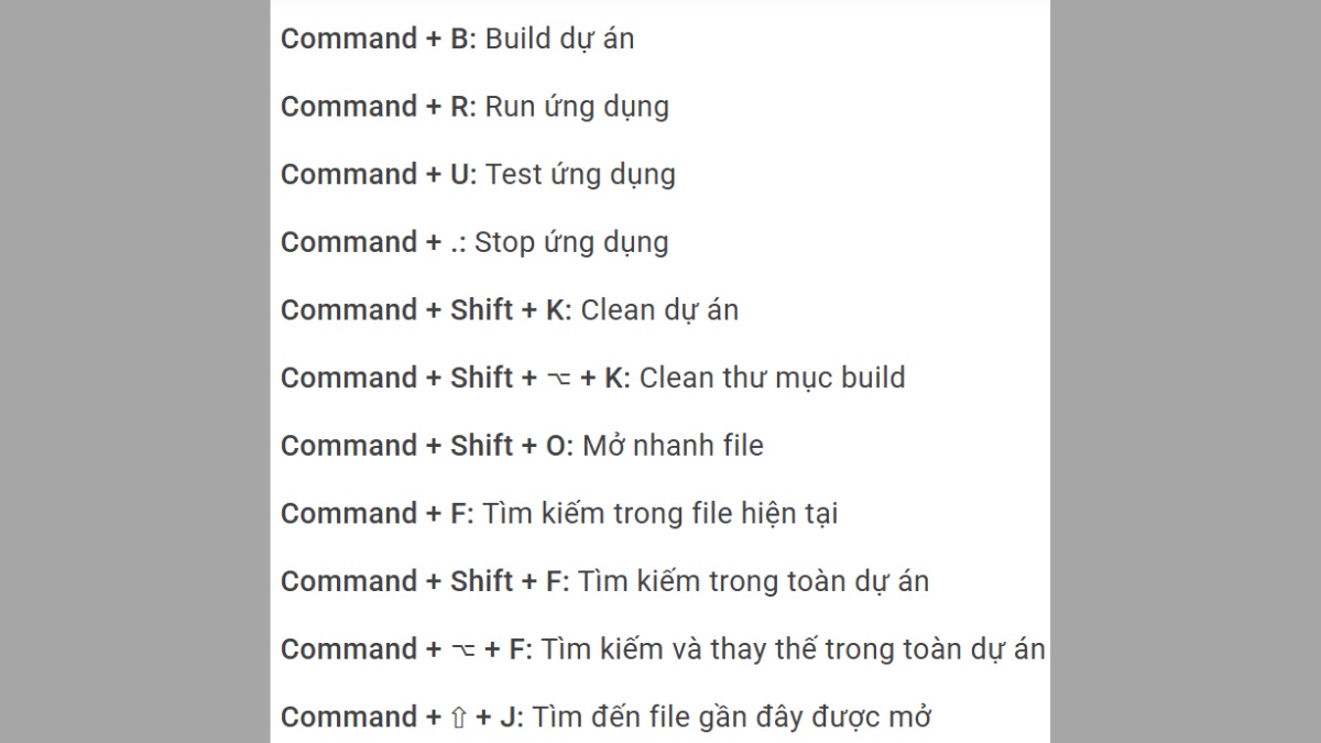 Phím tắt Xcode cơ bản