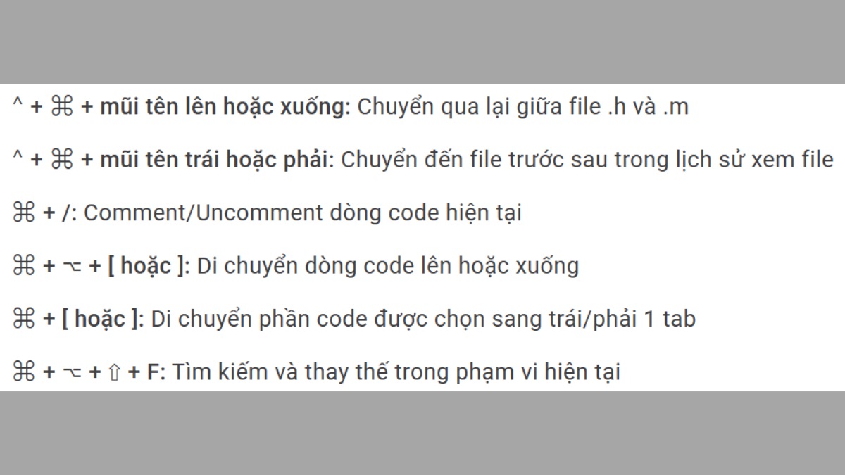 Phím tắt Xcode thao tác trên vùng editor