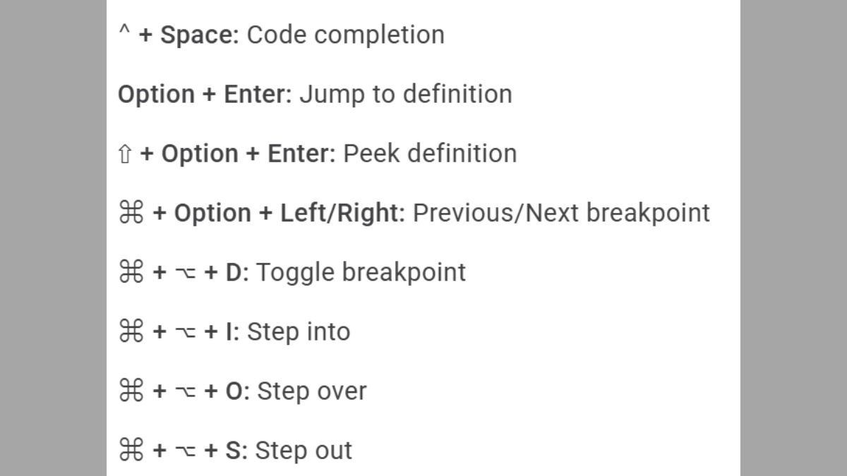 Phím tắt Xcode thao tác với code