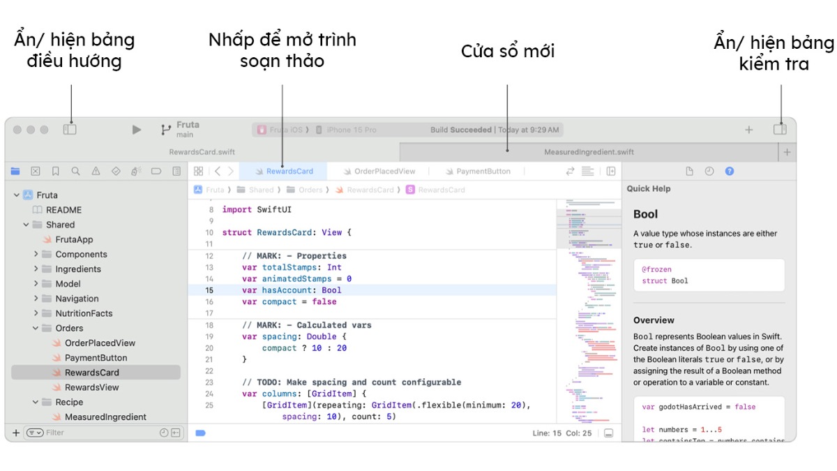 Các tính năng chính của Xcode - viết và chỉnh sửa code