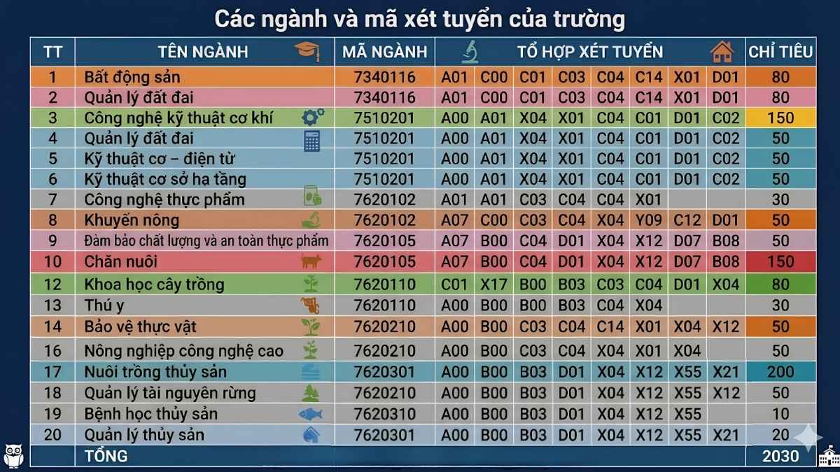 Các ngành và mã xét tuyển của trường