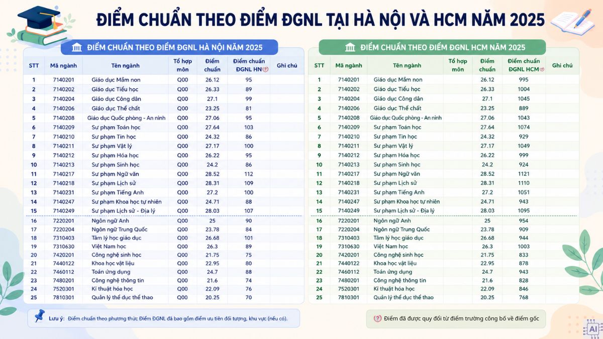 Điểm chuẩn theo điểm ĐGNL tại Hà Nội và HCM