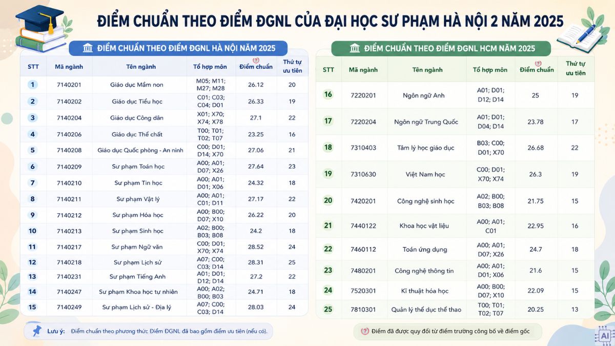 Điểm chuẩn theo điểm ĐGNL của ĐHSP Hà Nội