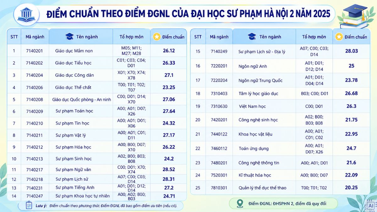Điểm chuẩn theo điểm ĐGNL của ĐH Sư phạm Hà Nội 2