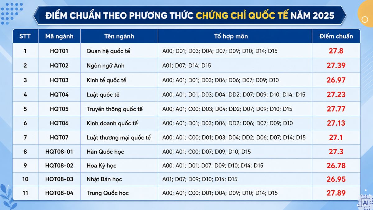 Điểm chuẩn theo phương thức xét tuyển học bạ và Chứng chỉ quốc tế