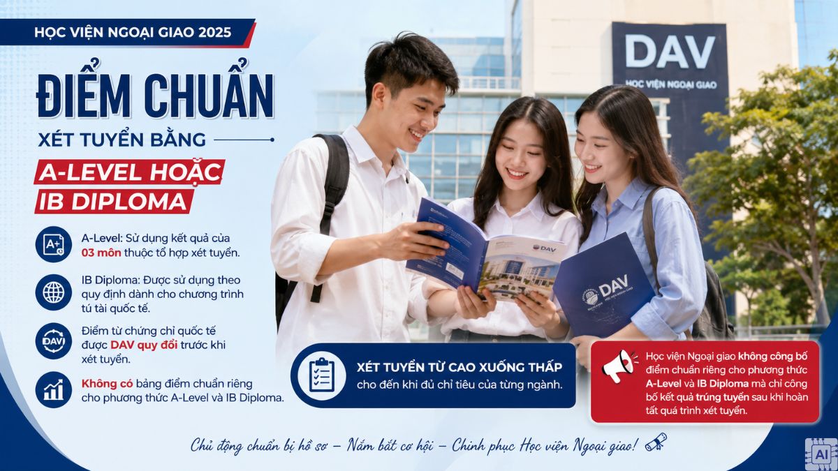 Điểm chuẩn dựa trên kết quả Xét tuyển Chứng chỉ A-Level hoặc Bằng tú tài quốc tế IB Diploma