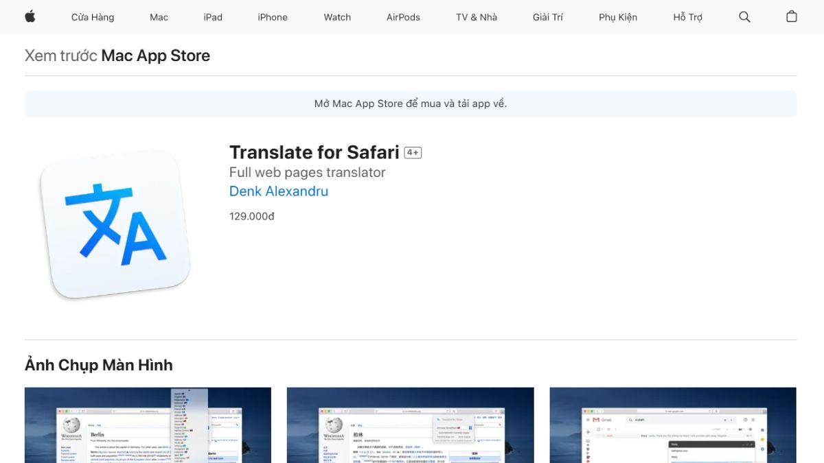 Tiện ích Translate for Safari