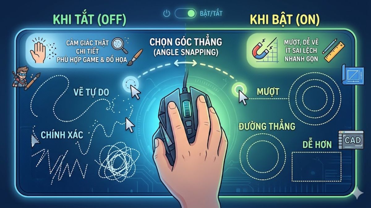 So sánh trải nghiệm khi tắt và mở Angle Snapping
