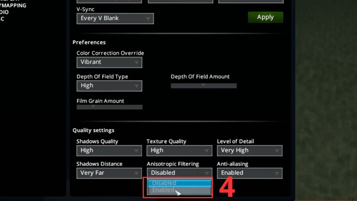 Hướng dẫn bật Anisotropic Filtering thông qua cài đặt trong game