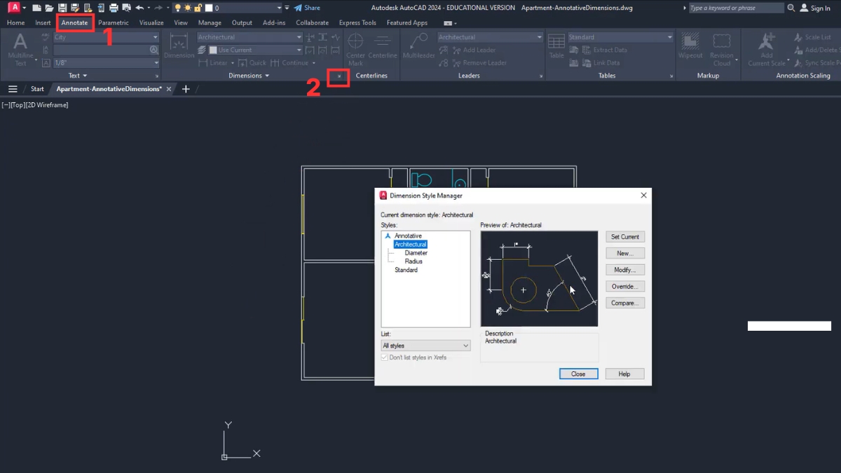 Bật Annotative trong CAD cho Dimension