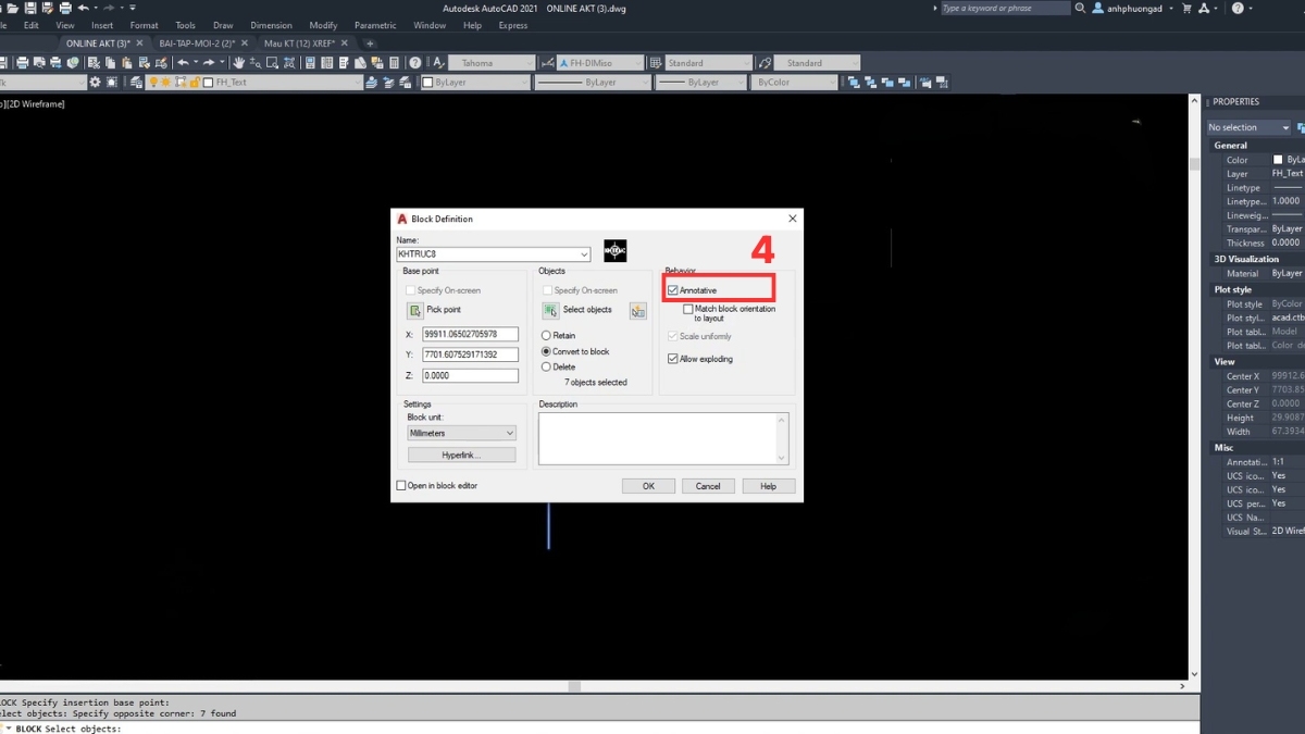 Thao tác bật Annotative trong CAD cho Block