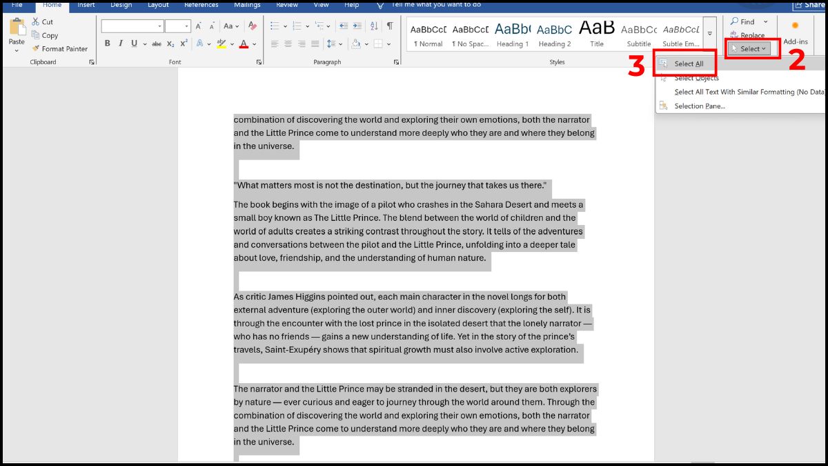 Sử dụng tính năng “Select” để bôi đen trong Word