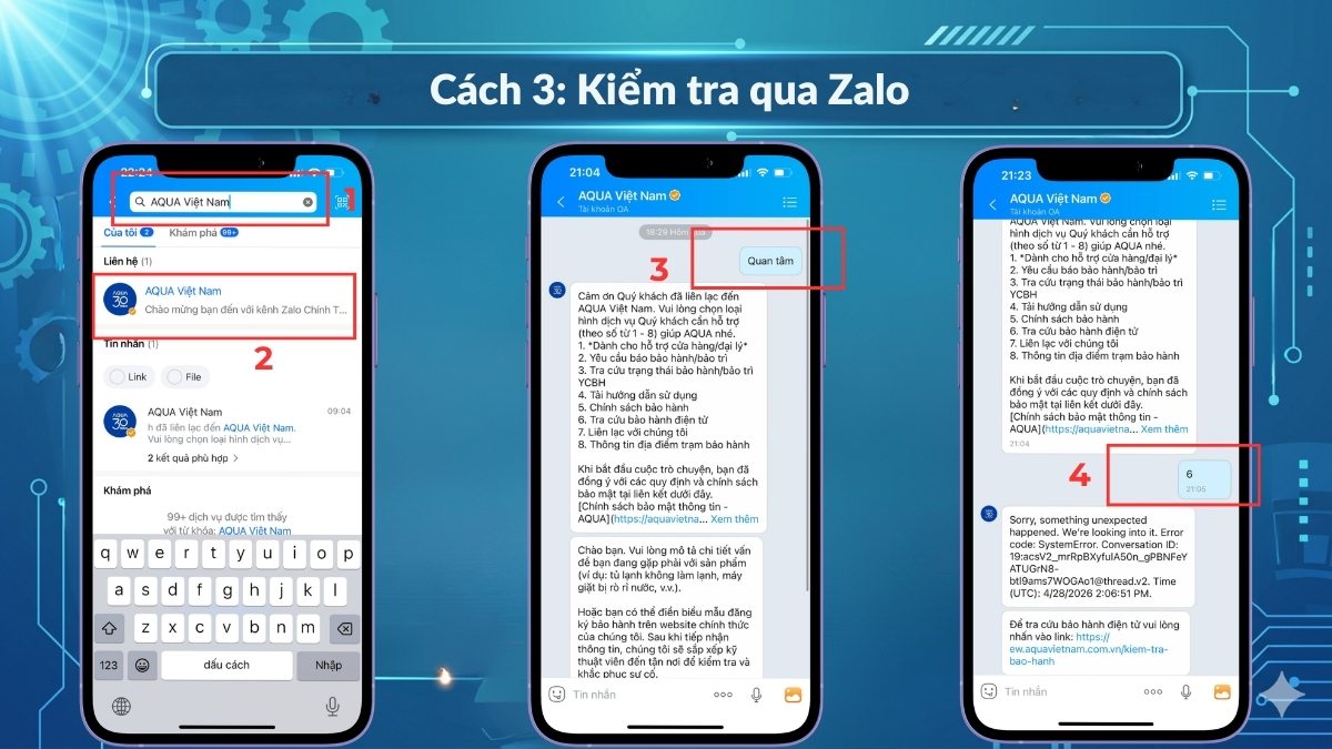 Kiểm tra bảo hành máy giặt AQUA qua Zalo