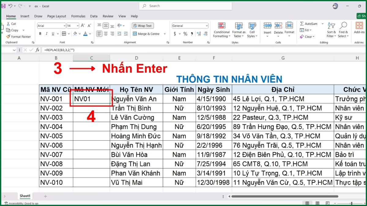 Dùng hàm REPLACE hoặc LEFT/RIGHT/MID để bỏ ký tự trong Excel