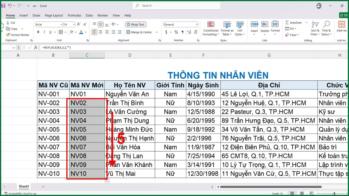 Dùng hàm REPLACE hoặc LEFT/RIGHT/MID để bỏ ký tự trong Excel