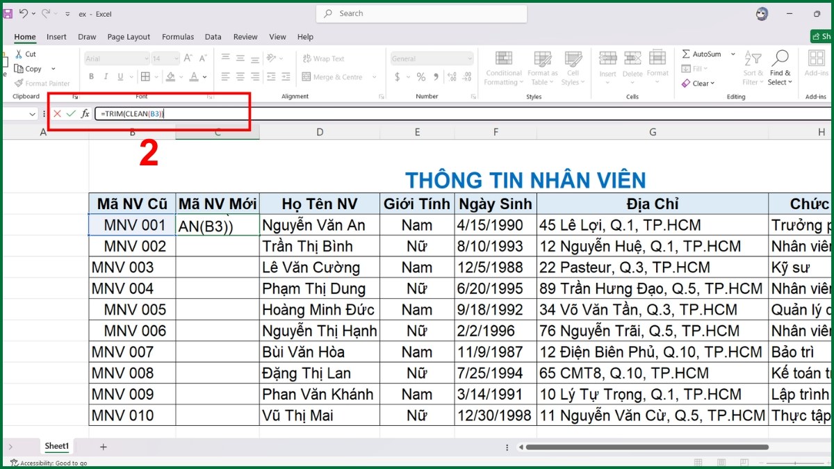 Dùng hàm TRIM và CLEAN để loại bỏ ký tự ẩn, dấu cách thừa