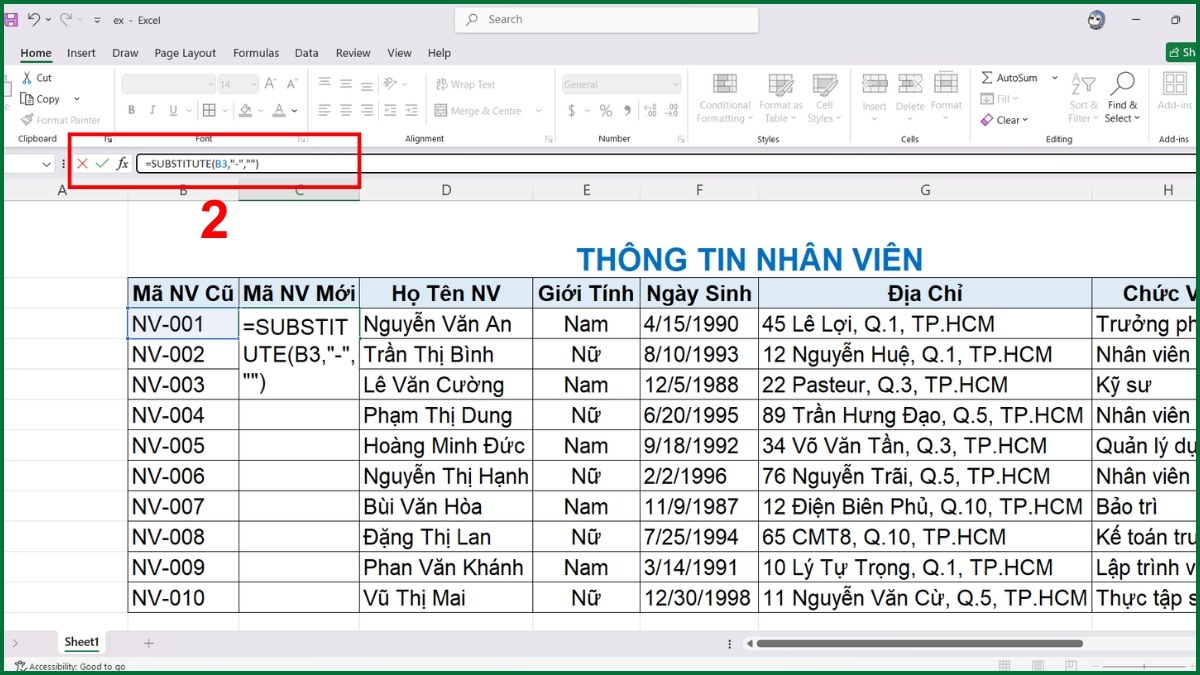 Dùng hàm SUBSTITUTE để bỏ ký tự cụ thể