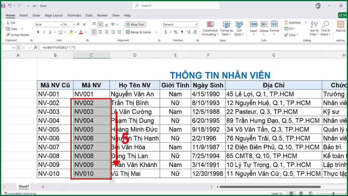 Dùng hàm SUBSTITUTE để bỏ ký tự cụ thể