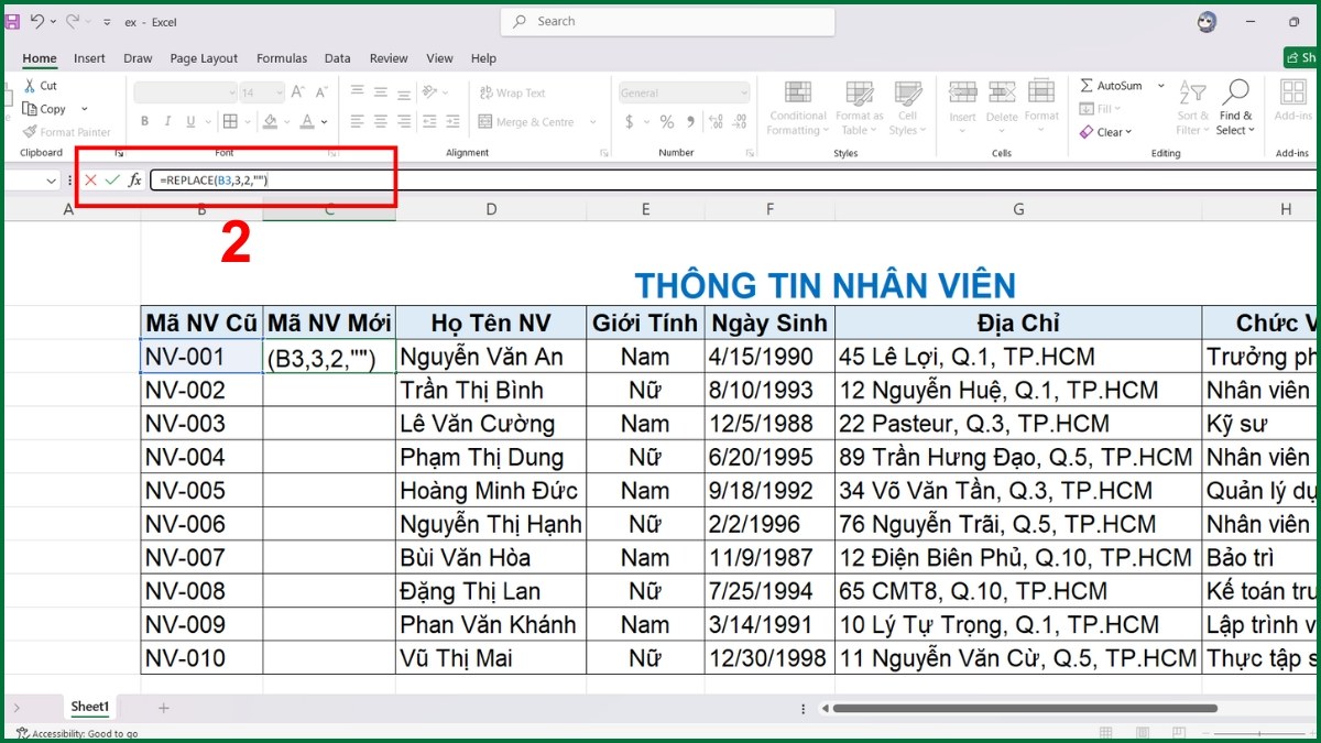 Dùng hàm REPLACE hoặc LEFT/RIGHT/MID để bỏ ký tự trong Excel