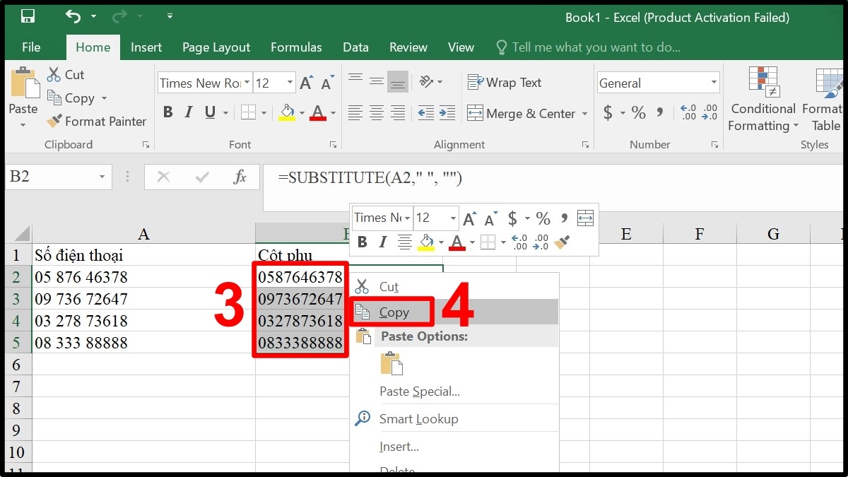 Dùng hàm SUBSTITUTE để xóa khoảng trắng