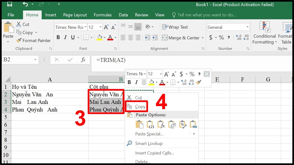 Sử dụng cú pháp hàm TRIM xóa khoảng trắng