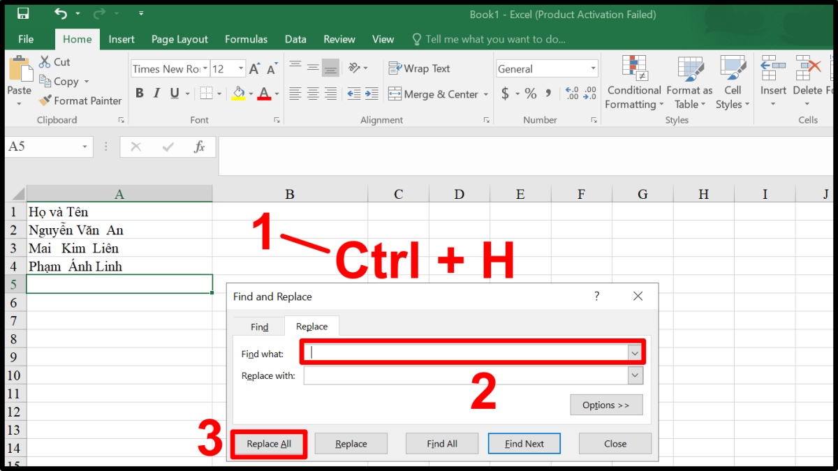 Dùng hộp thoại tìm và thay thế để xóa khoảng trắng