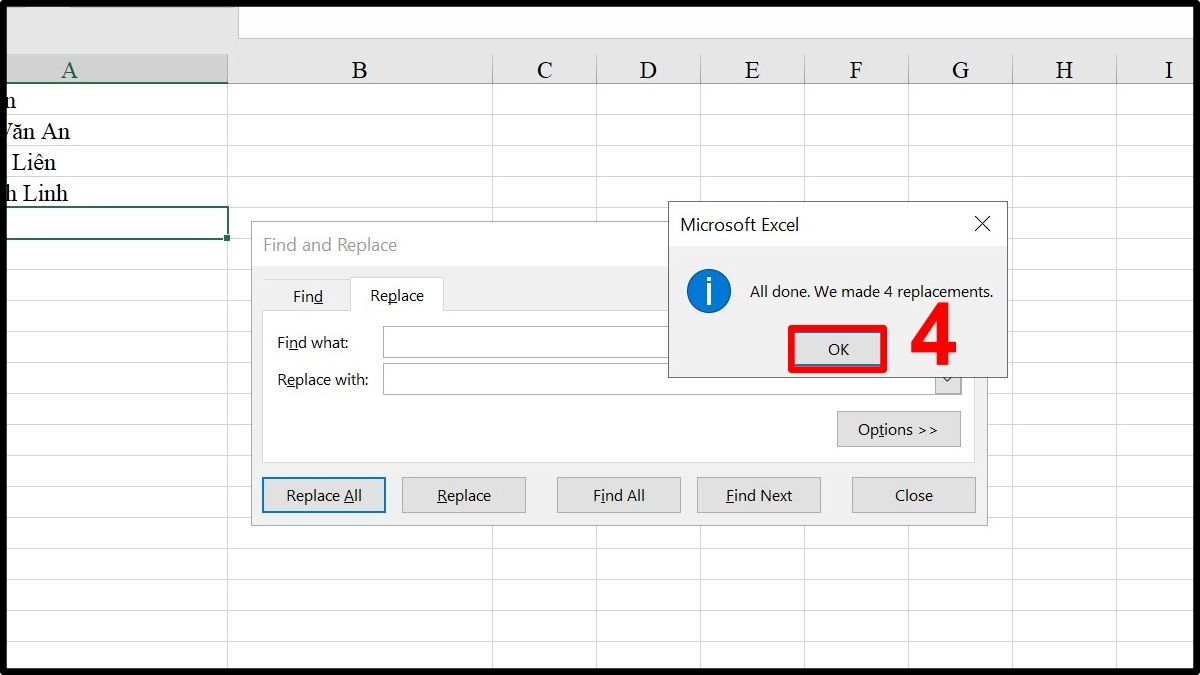 Dùng hộp thoại tìm và thay thế để xóa khoảng trắng