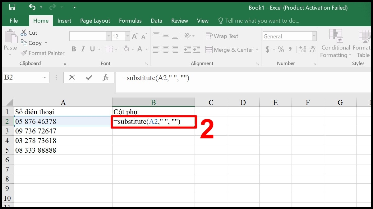 Dùng hàm SUBSTITUTE để xóa khoảng trắng