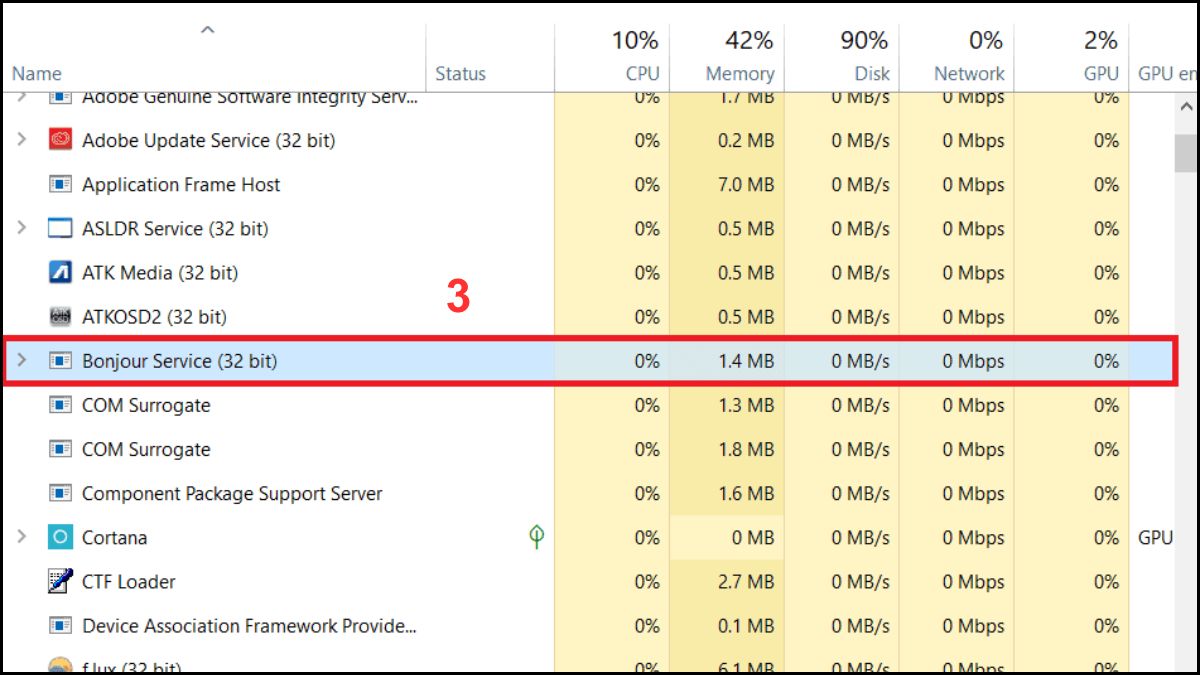 Kiểm tra phần mềm Bonjour trong Task Manager