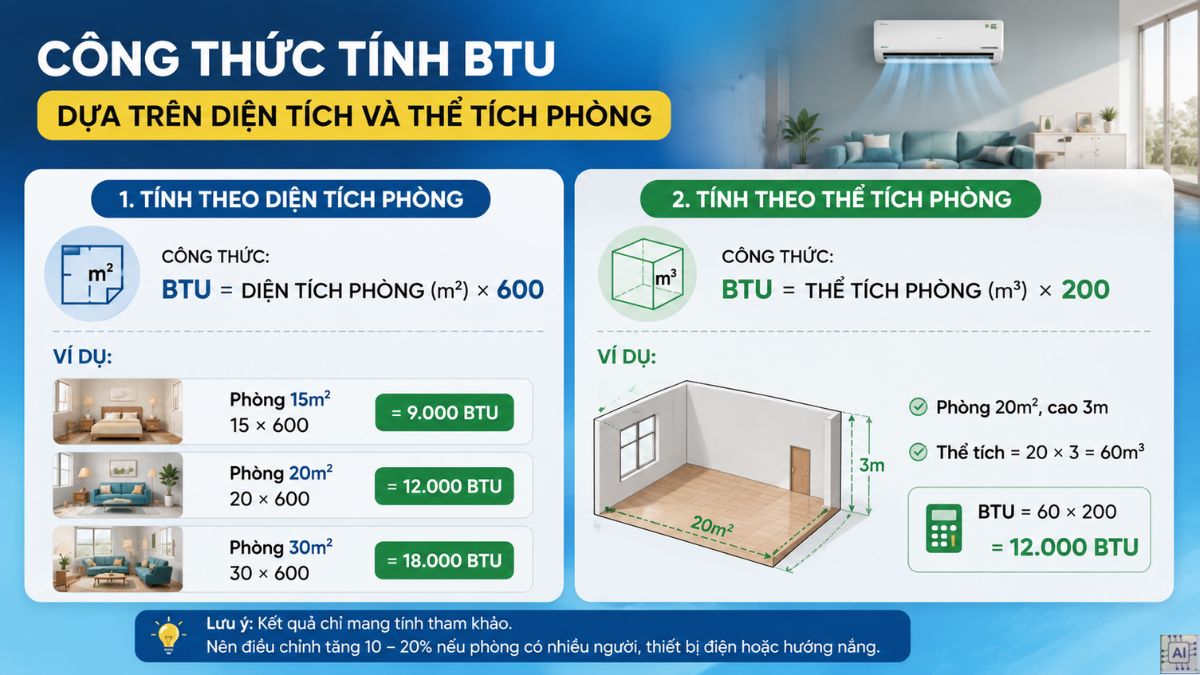 Công thức tính BTU dựa trên diện tích và thể tích phòng