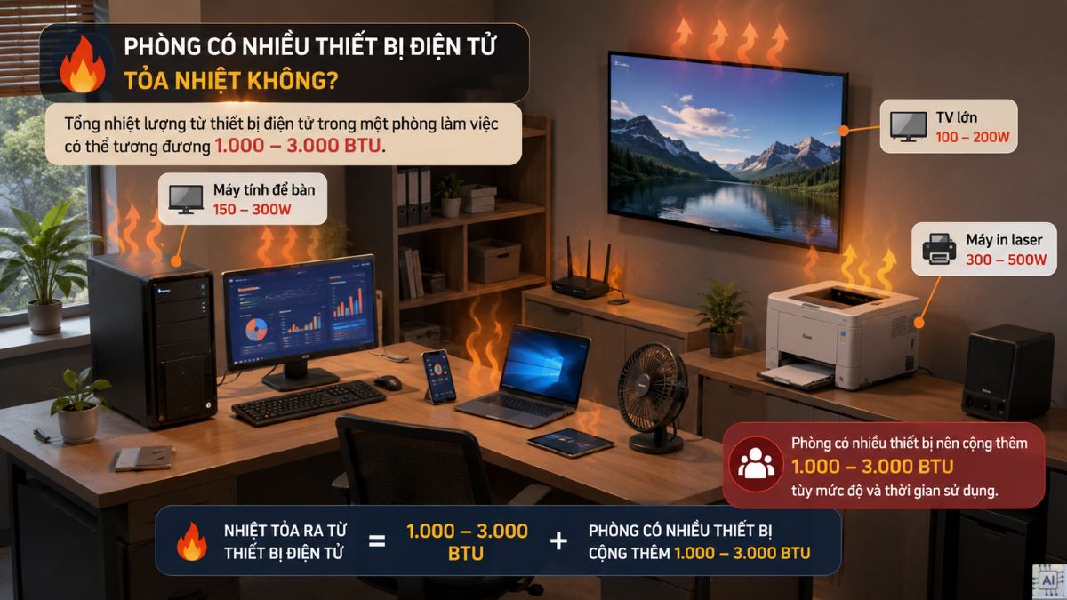 Phòng có nhiều thiết bị điện tử tỏa nhiệt không