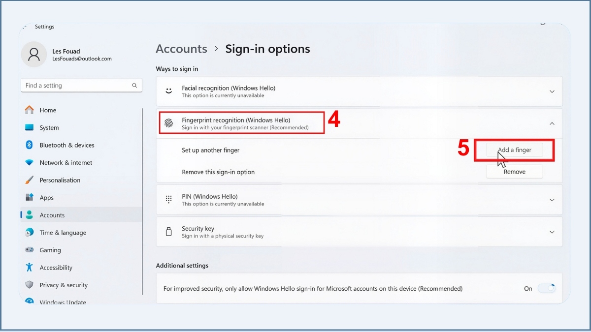 Cách thêm nhiều dấu vân tay cho cùng một tài khoản cho win 11