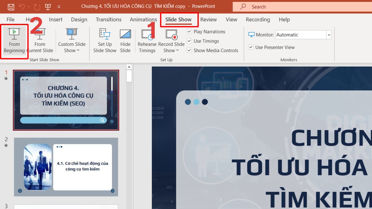 Cách trình chiếu Powerpoint bằng cách kích chọn Beginning