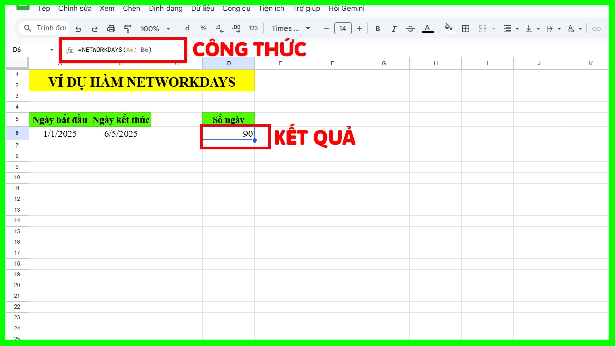 Ví dụ minh họa hàm NETWORKDAYS