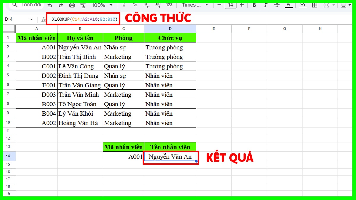 Ví dụ minh họa hàm XLOOKUP