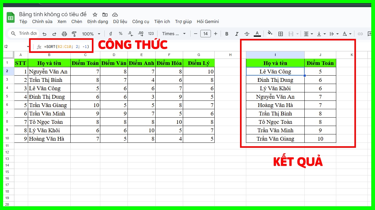 Hàm Excel nâng cao SORT
