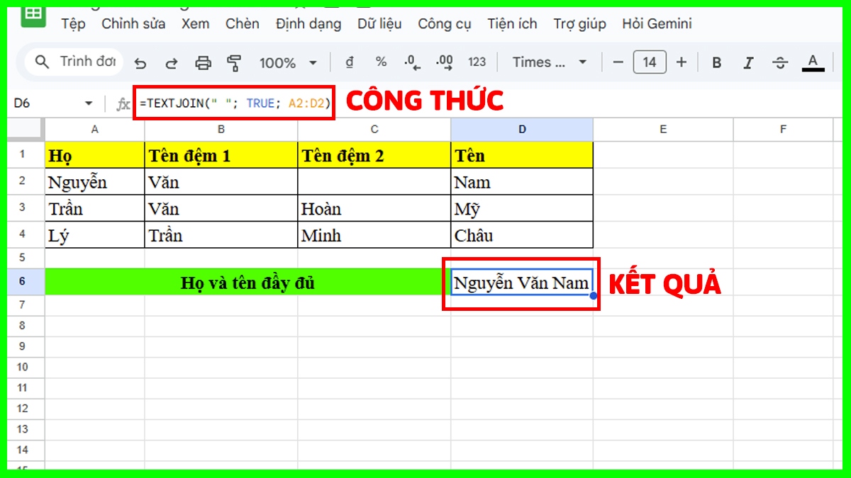 Ví dụ minh họa hàm TEXTJOIN