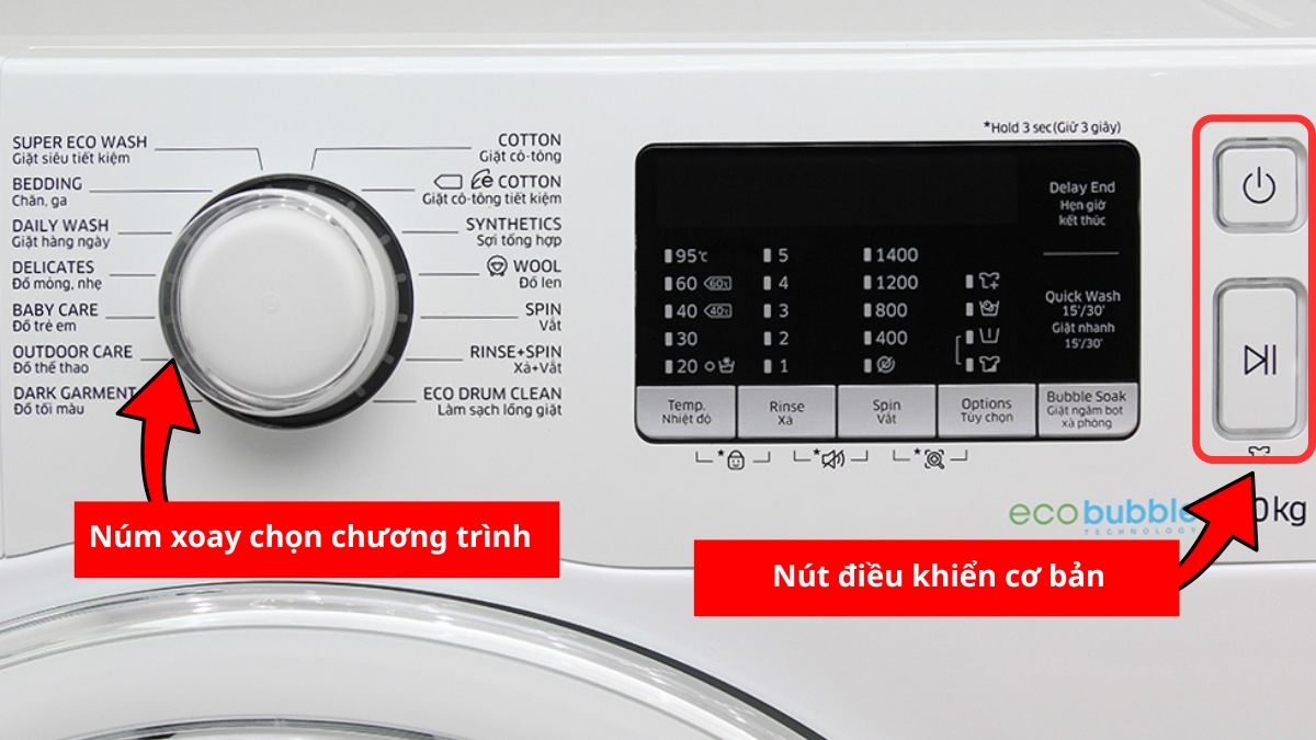 Núm xoay chọn chương trình giặt và nút điều khiển cơ bản