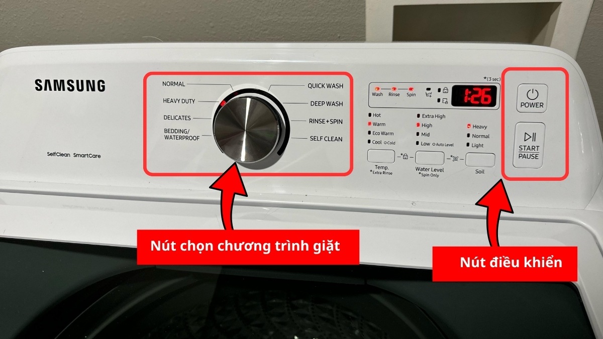 Các nút điều khiển và chọn chế độ giặt của máy giặt Samsung cửa trên