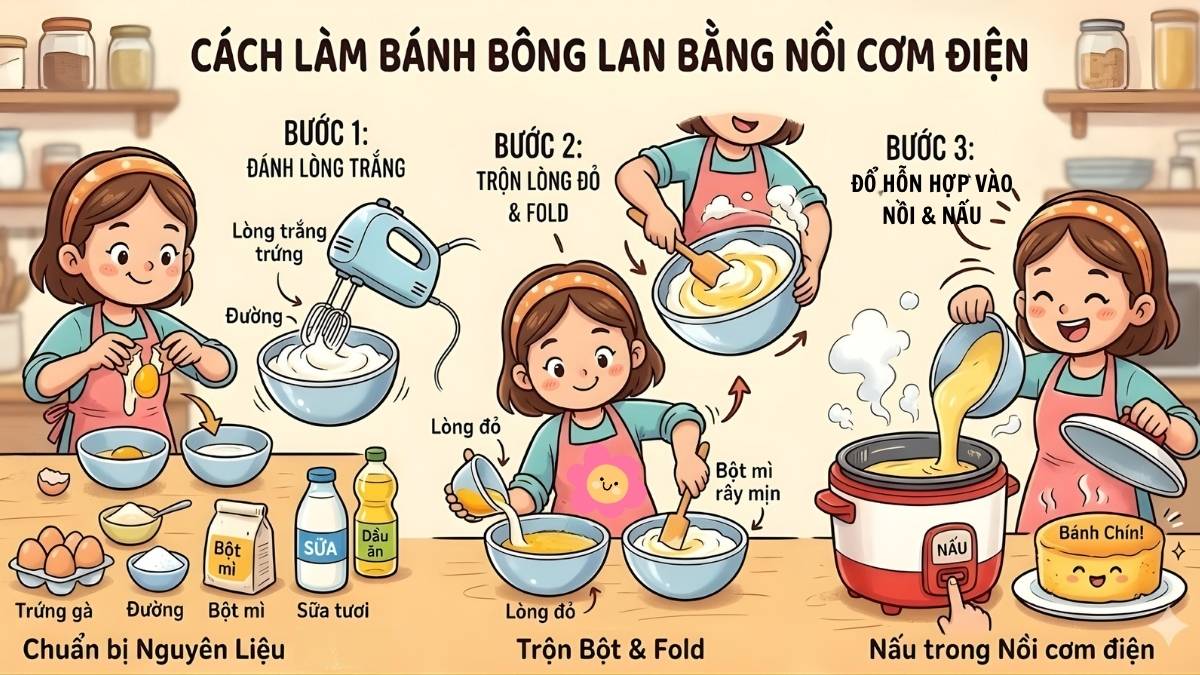 Làm bánh bông lan bằng nồi cơm điện
