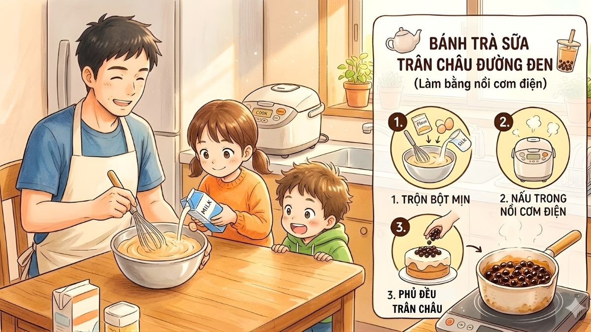Làm bánh trà sữa trân châu đường đen bằng nồi cơm điện